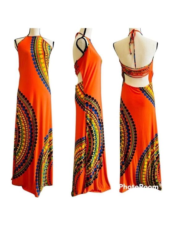 VENUS Dresses & Skirts - Vintage VENUS Orange Halter Strappy Maxi Dress Medium